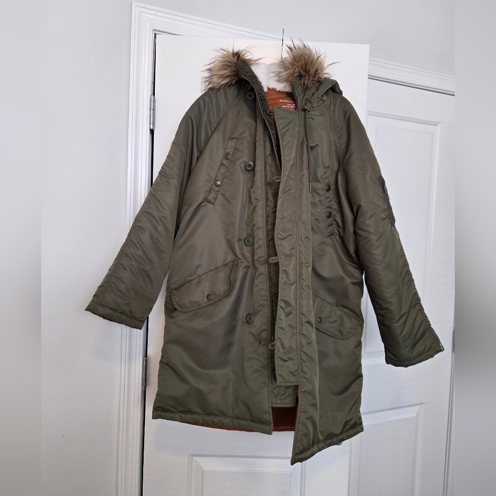 American Eagle, Olive Green Parka Jacket with Faux Fur Hood